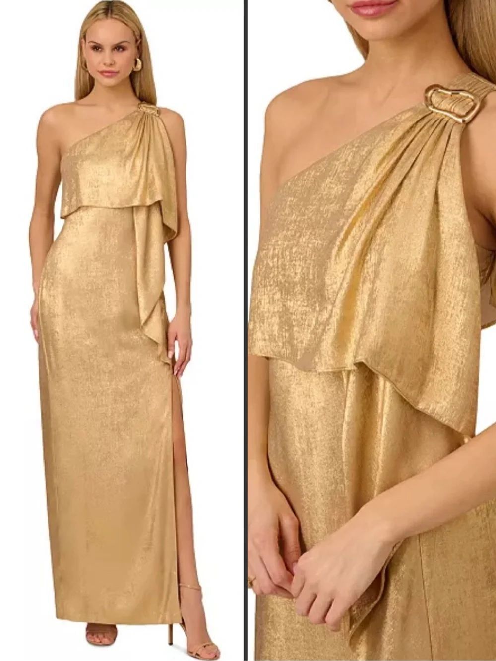 Adrianna Adrianna Papell Gold Metallic Layered One-Shoulder Gown Size 2